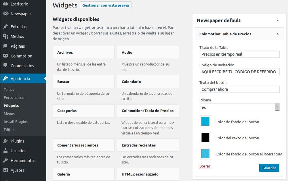 Wordpress barra lateral apariencia widget
