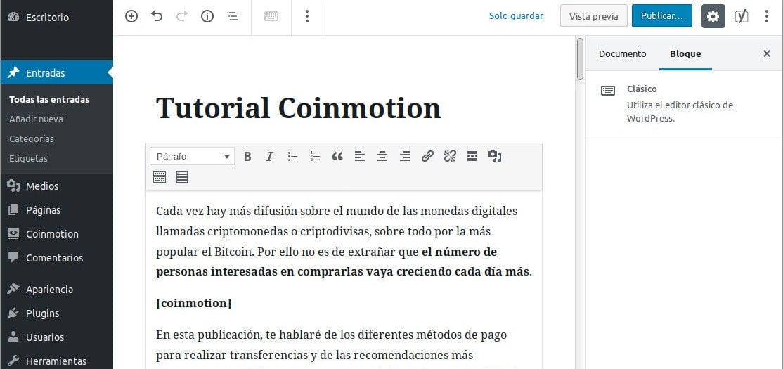 Shortcode en el editor de textos de WordPress