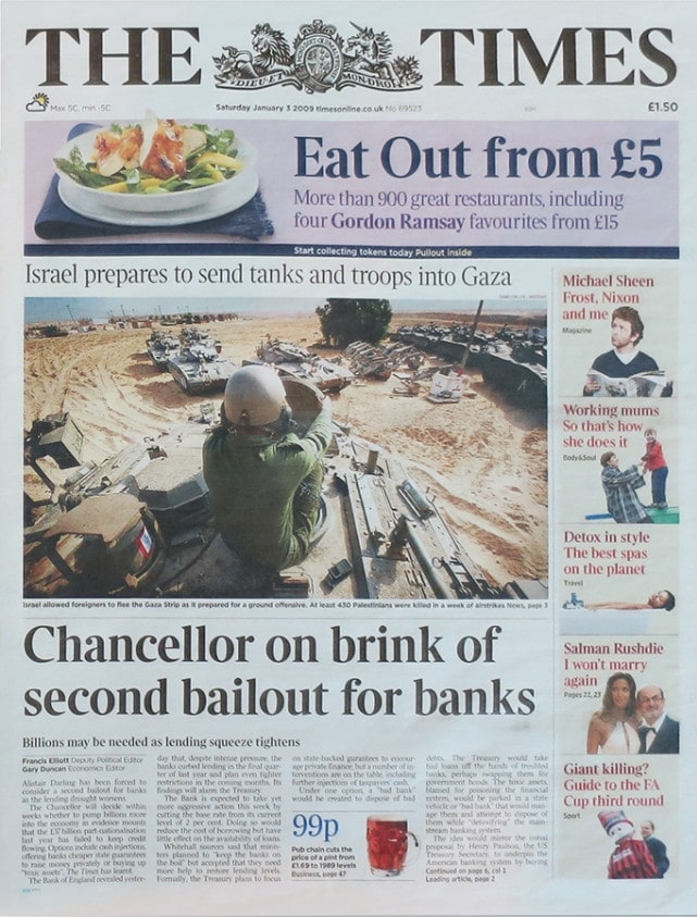 Periódico Times portada día minado primer Bitcoin