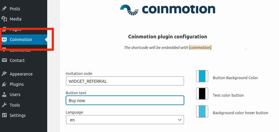 Configure, setup Coinmotion WordPress plugin