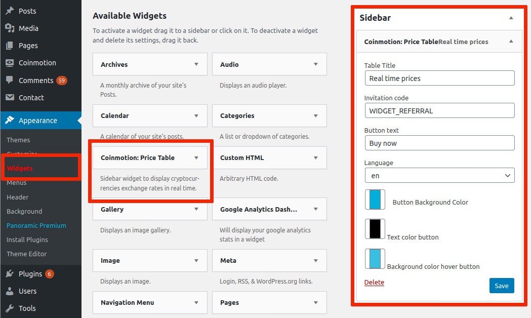 Appearance widgets sidebar configuration Coinmotion WordPress plugin