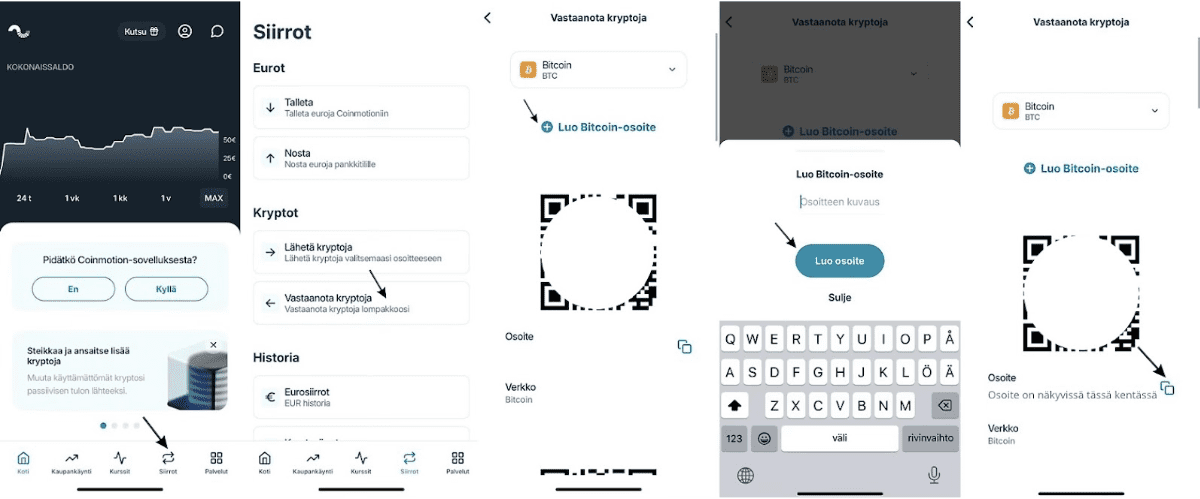 Coinmotion - Vastaanota kryptoja -näkymä ja osoitteen luonti