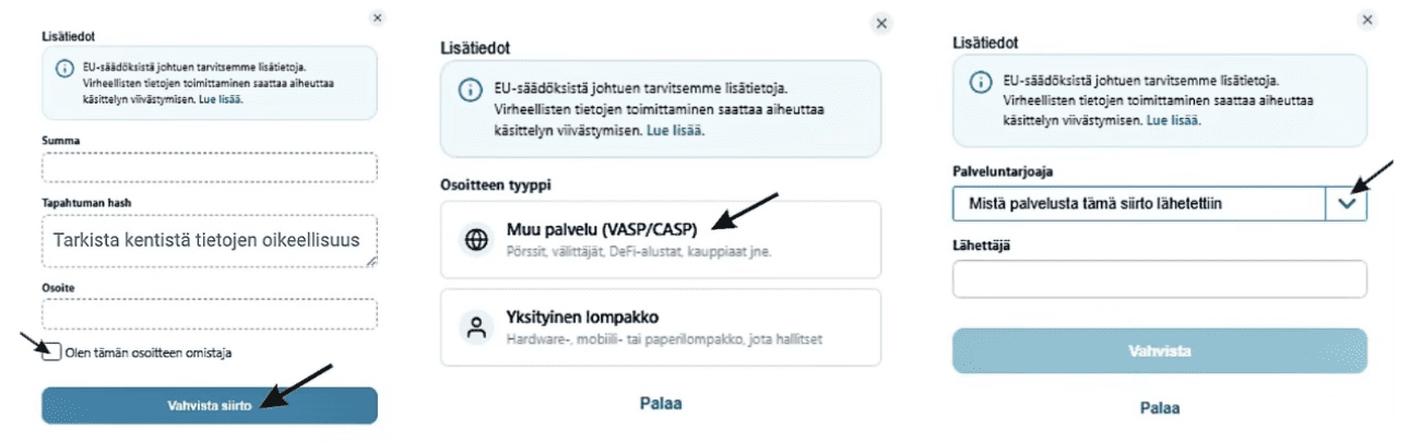 Coinmotion - Vahvistamattomat siirrot -näkymä ja Travel Rule -vahvistus