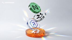Eri kryptovaluutat leijuvat taustalla